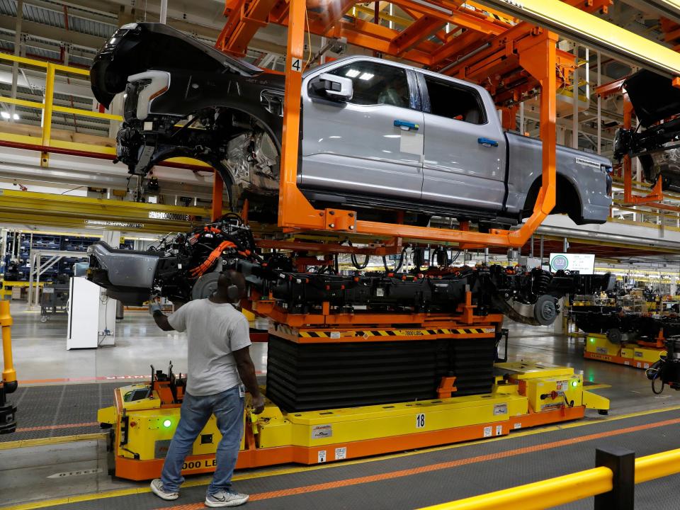 The F-150 Lightning production line at Ford's factory in Dearborn, Michigan