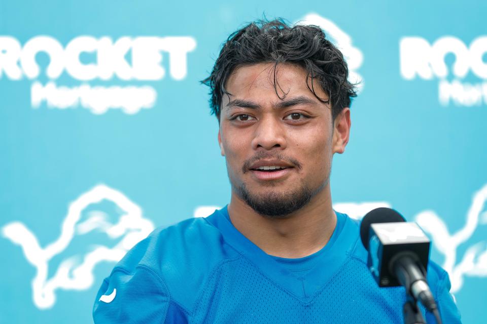 Detroit Lions running back Sione Vaki (33) speaks to media members during rookie minicamp at Detroit Lions headquarters and practice facility in Allen Park on Friday, May 10, 2024.