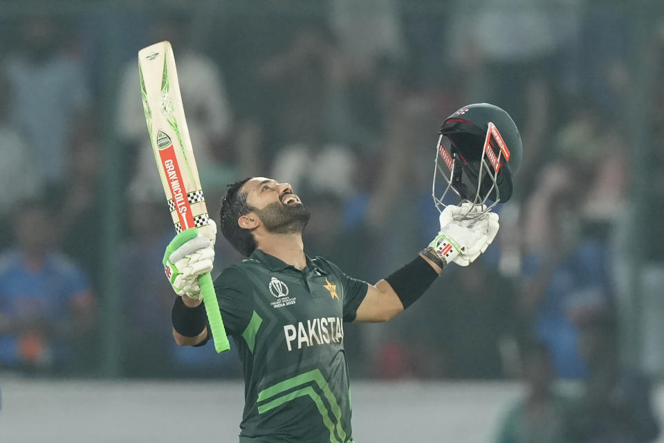 Pakistan's Mohammad Rizwan celebrates after scoring the winning run during the ICC Men's Cricket World Cup match between Pakistan and Sri Lanka in Hyderabad, India, Tuesday, Oct. 10, 2023. (AP Photo/ Mahesh Kumar A.)