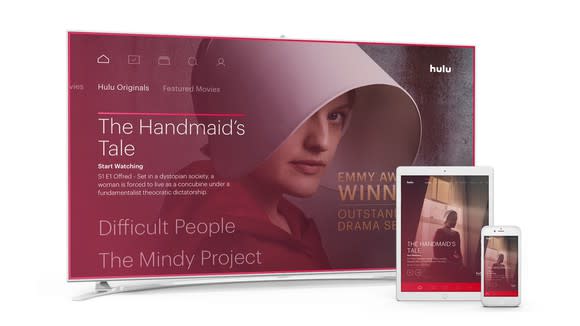 The Handmaid's Tale displayed on a TV, tablet, and smartphone.