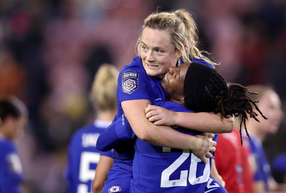 Erin Cuthbert celebrates with Kadeisha Buchanan after a victory over Manchester United earlier this season  (Getty Images)