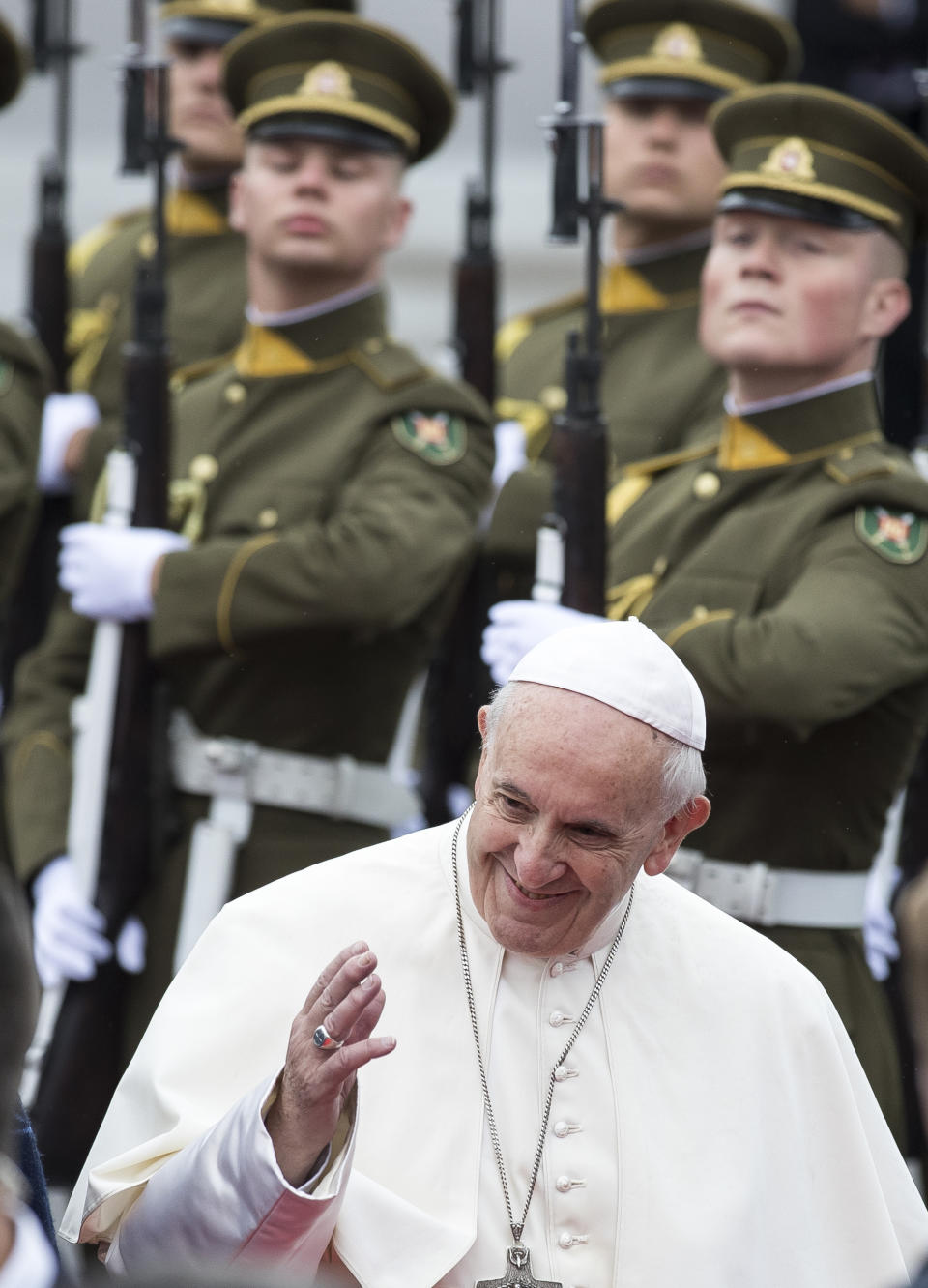 Pope Francis disembarks from the plane as he landed at the airport in Vilnius, Lithuania, Saturday, Sept. 22, 2018. Pope Francis begins a four-day visit to the Baltics amid renewed alarm about Moscow's intentions in the region it has twice occupied. (AP Photo/Mindaugas Kulbis)