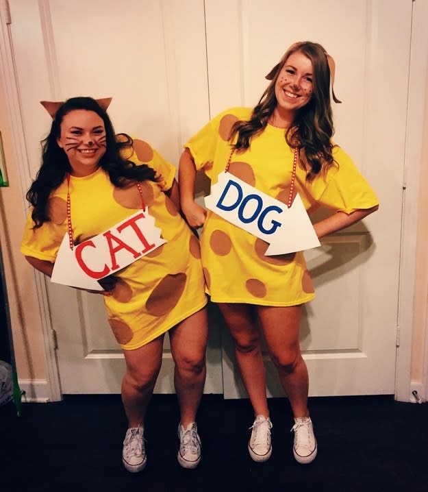 one girl wearing sign that says "cat" and the other wearing sign that says "dog"