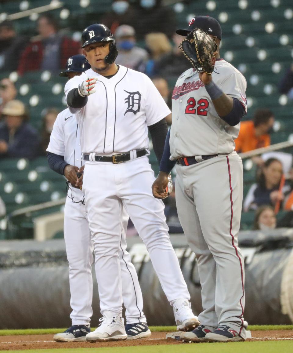 Detroit Tigers first baseman Miguel Cabrera (24) singles against Minnesota Twins starting pitcher Matt Shoemaker (32) during fourth inning action Friday, May 7, 2021 at Comerica Park in Detroit.