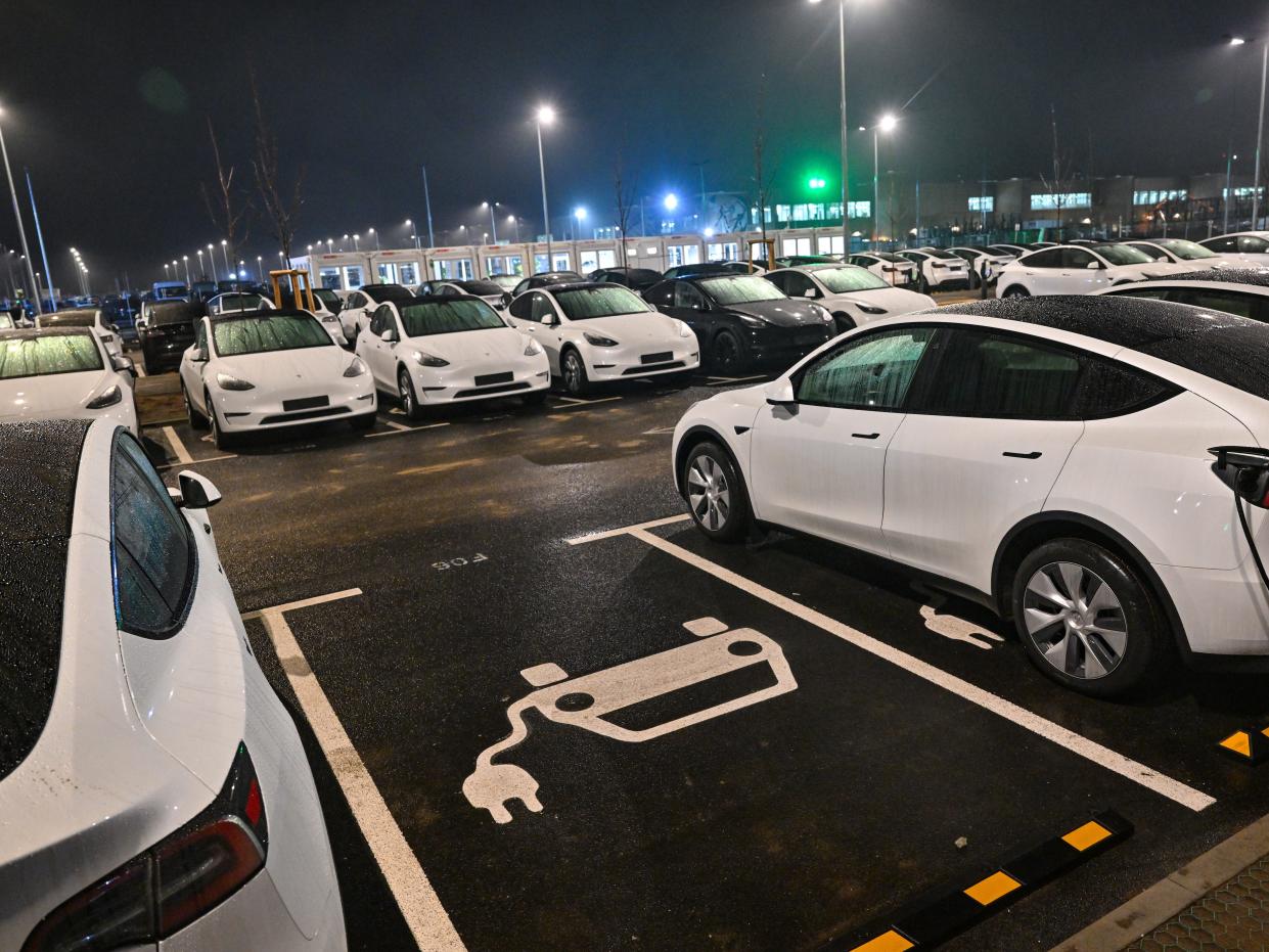 Teslas parked in lot in evening