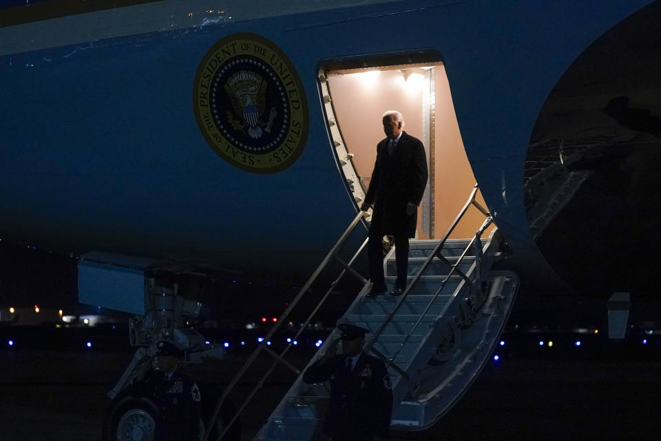 President Joe Biden arrives Andrews Air Force Base after attending campaign fundraisers in Boston, Tuesday, Dec. 5, 2023, at Andrews Air Force Base, Md. (AP Photo/Evan Vucci)