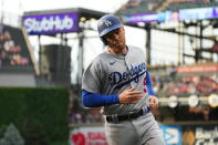 Los Angeles Dodgers' Freddie Freeman scores against the the Colorado Rockies during the first inning of a baseball game Tuesday, June 28, 2022, in Denver. (AP Photo/Jack Dempsey)