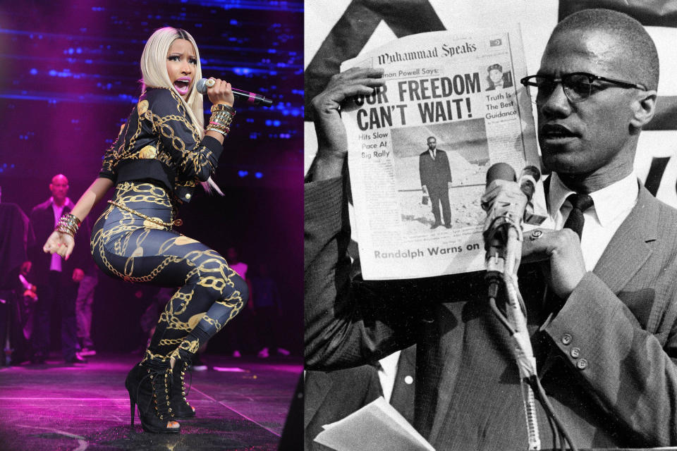 In this combination of 2013 and 1963 file photos, hip-hop artist Nicki Minaj performs in New York, and Malcolm X, civil rights activist and black Muslim leader, holds a newspaper as he speaks at a rally in New York. On Thursday, Feb. 13, 2014, Minaj apologized after provoking widespread outrage with an Instagram and Web post featuring one of black history’s most poignant images: Malcolm X peering out the window of his home, rifle in hand, trying to defend his wife and children from firebombs while under surveillance by federal agents. Superimposed on the photo: the title of Minaj’s new song, which denigrates certain black men and repeats the N-word 42 times. (AP Photo/Invision, Brad Barket, AP)