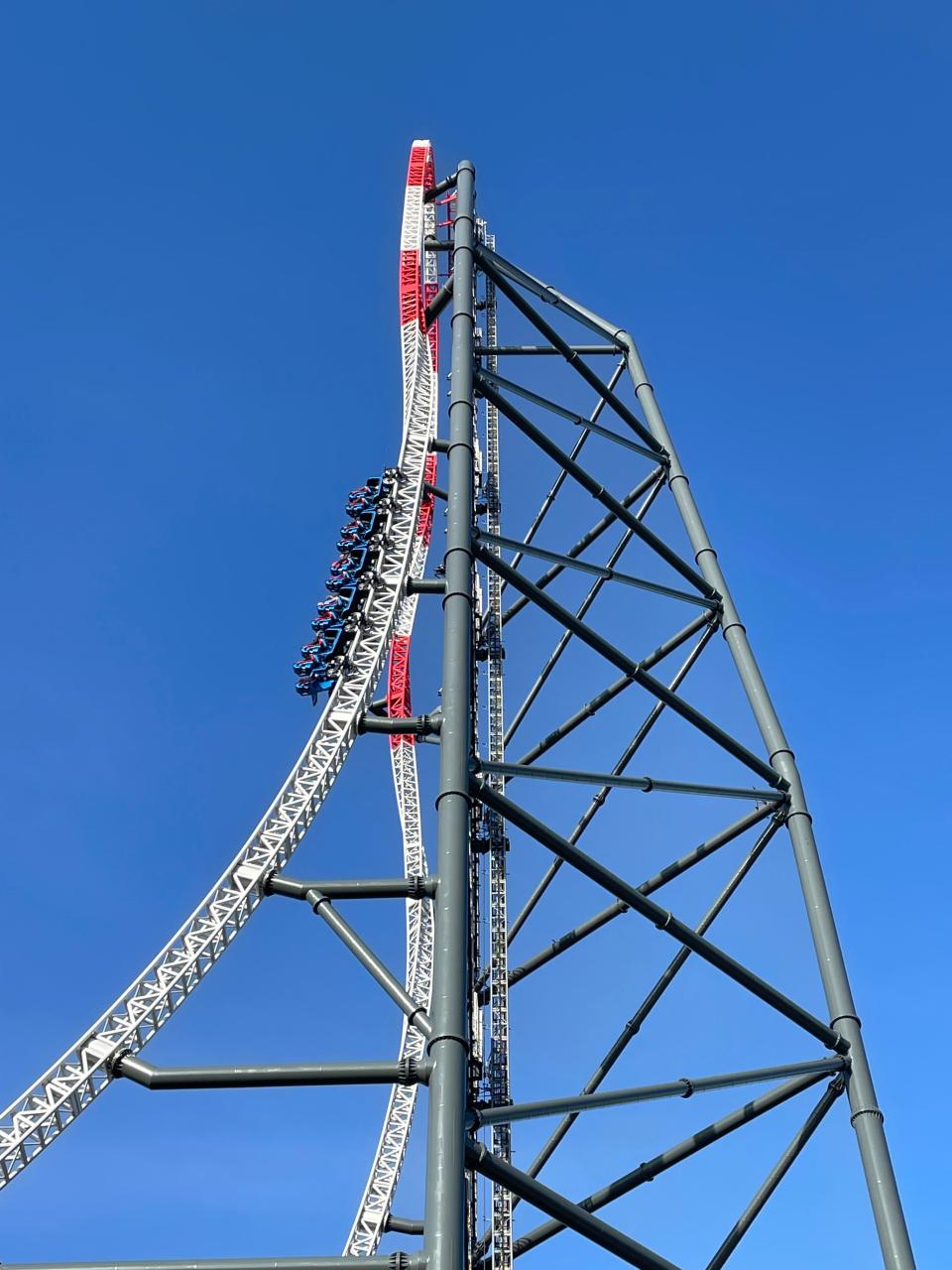 Riders on Cedar Point's Top Thrill 2 coaster make their way up the 420-foot-tall tower.