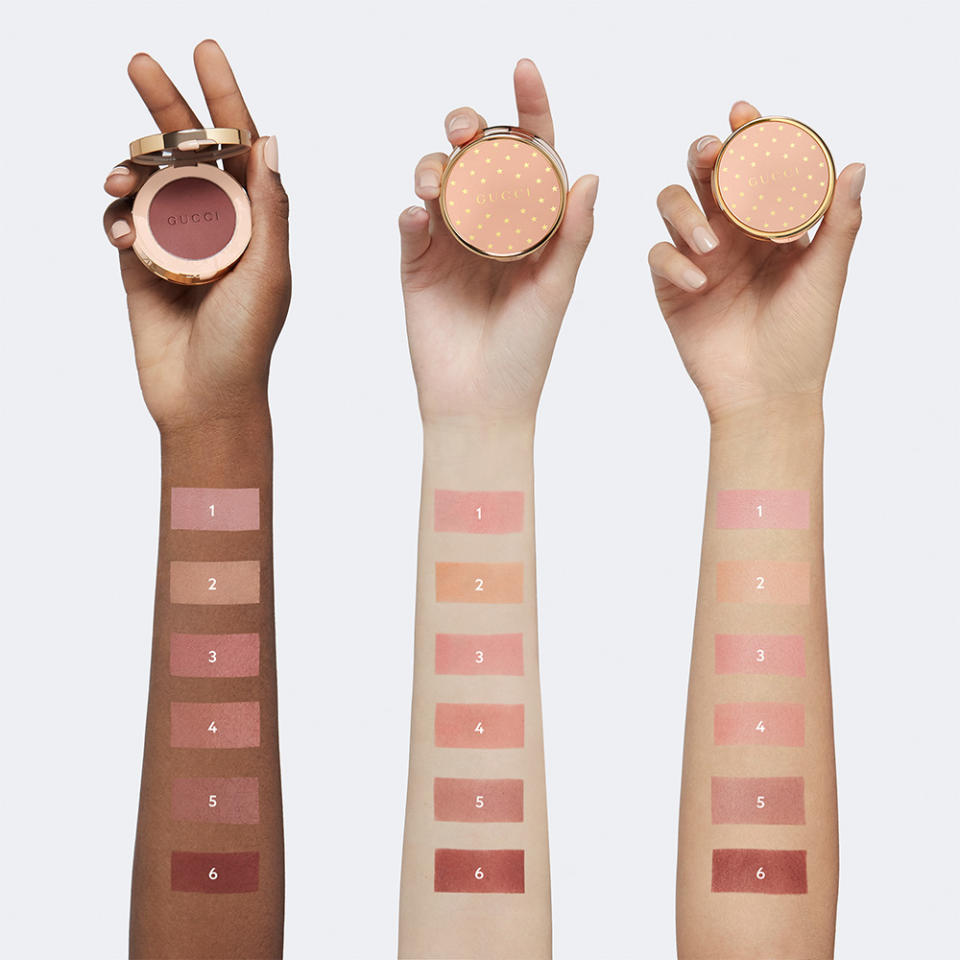 A photo of colour swatches on three models' arms.