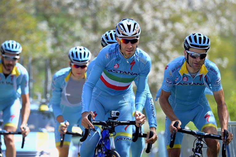 Italy's Vincenzo Nibali (C) and his teammates of the Kazakhstan's Astana Pro cycling team climb La Redoute hill in Aywaille on April 24, 2015, ahead of the one-day cycling race Liege-Bastogne-Liege