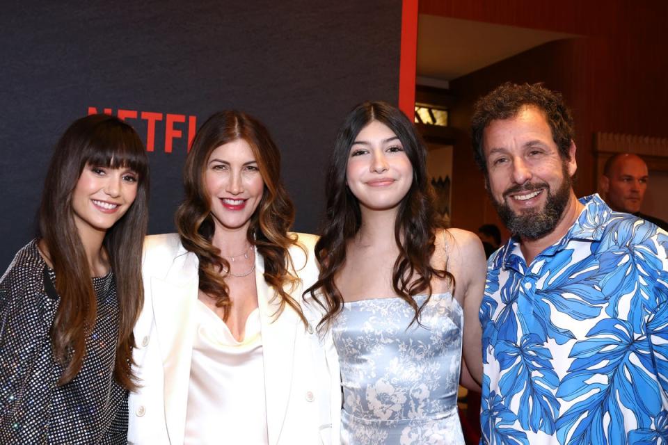 Adam Sandler pictured with his Jackie and daughter Sunny who also star with him in You Are So Not Invited to My Bat Mitzvah (Getty Images for Netflix)