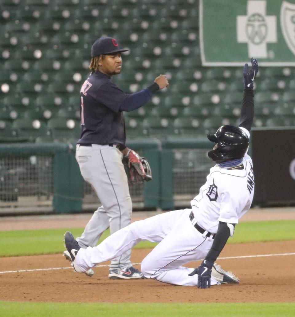 Tigers center fielder Daz Cameron hits a triple in the ninth inning of the Tigers' 1-0 loss to the Indians at Comerica Park on Friday, Sept. 18, 2020.