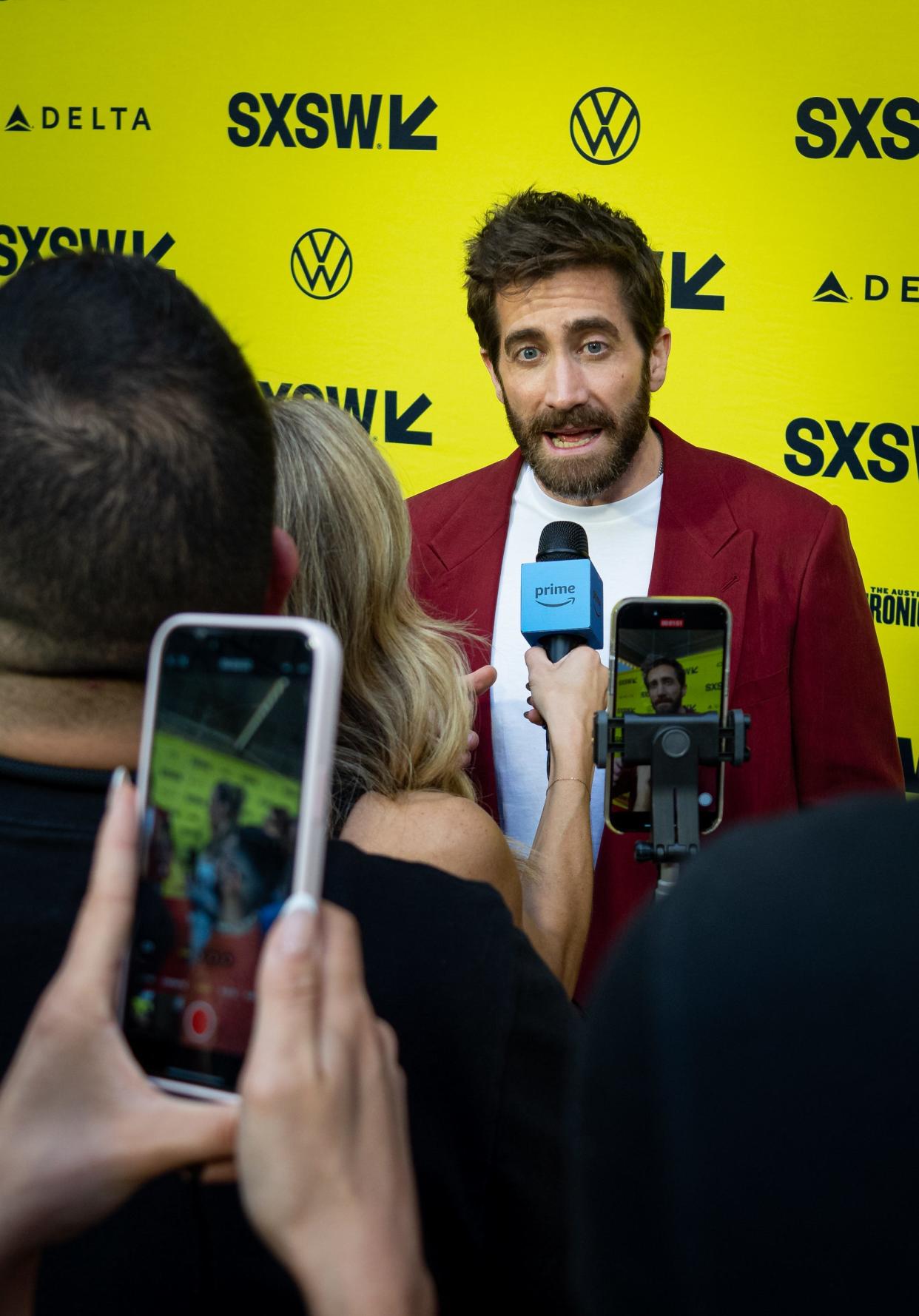 Jake Gyllenhaal speaks to press on the red carpet before the premiere of Road House at the Paramount Theatre in Austin, Texas on the first day of South by Southwest, Friday, March 8, 2024. Gyllenhaal plays the character "Dalton" in the movie.