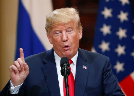 FILE PHOTO: U.S. President Donald Trump speaks during a joint news conference with Russian President Vladimir Putin (not pictured) after their meeting in Helsinki, Finland July 16, 2018. REUTERS/Grigory Dukor