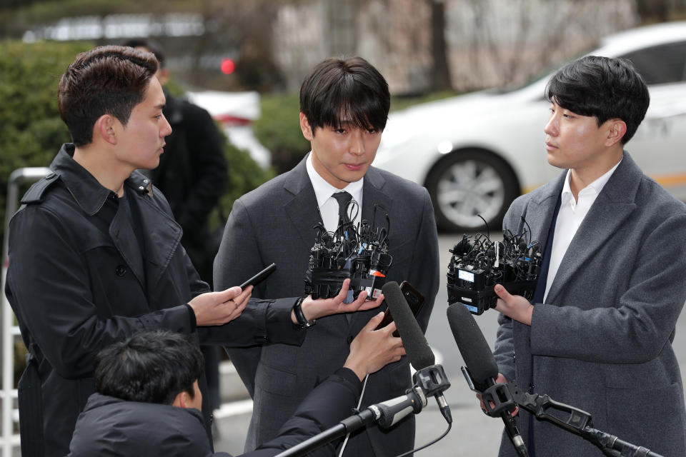 SEOUL, SOUTH KOREA - MARCH 16: Choi Jong-Hoon, aka Jonghoon (Jong Hoon) former member of South Korean boy band FTisland is seen arriving at a Seoul police station for questioning over a sex video scandal among multiple celebrities on March 16, 2019 in Seoul, South Korea.  (Photo by Han Myung-Gu/WireImage)
