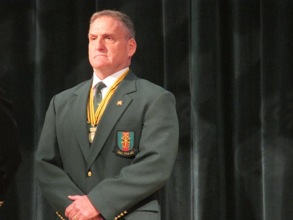 Retired Command Sgt. Richard Lamb is recognized as the incoming honorary sergeant major of the special forces regiment during a Nov. 4, 2021, ceremony at Fort Bragg.