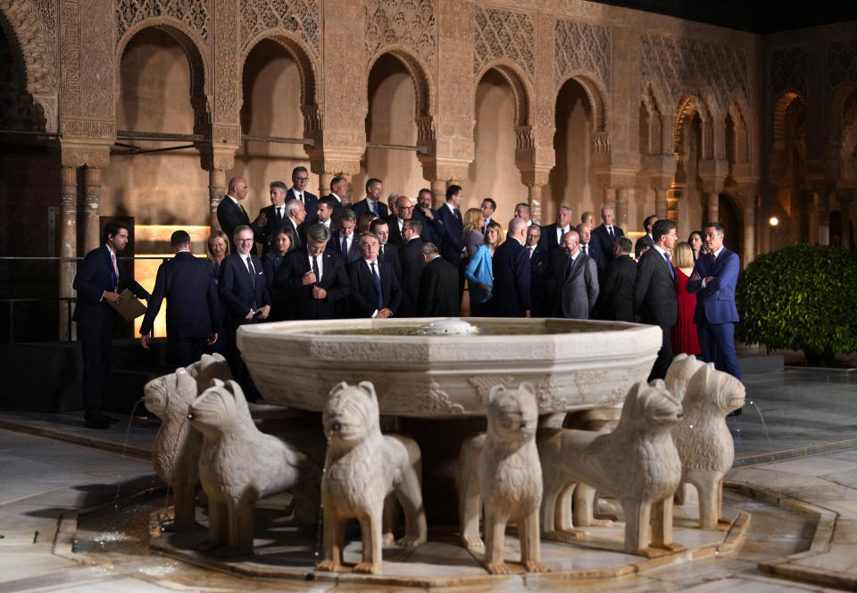 European leaders gather at the Court of the Lions, a palace in the heart of the Alhambra, during the Europe Summit in Granada, Spain, Thursday, Oct. 5, 2023. (AP Photo/Manu Fernandez)