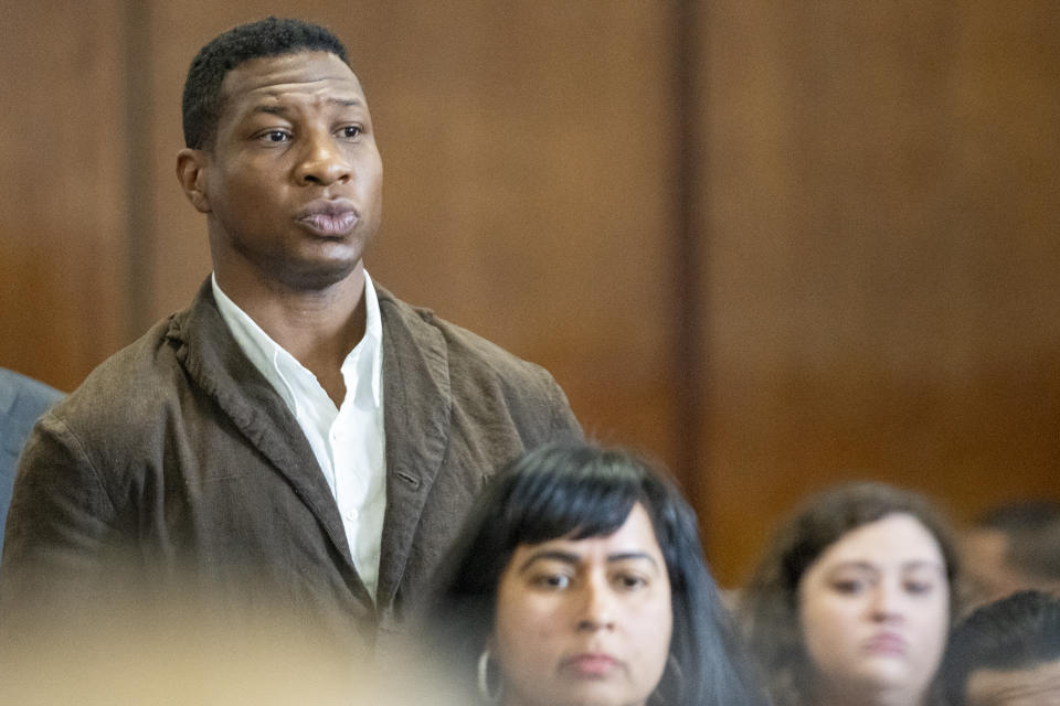 Jonathan Majors is seen in court during a hearing in his domestic violence case, Tuesday, June 20, 2023 in New York. Majors’ domestic violence case will go to trial Aug. 3, the judge said Tuesday, casting him in a real-life courtroom drama as his idled Hollywood career hangs in the balance. (AP Photo/Steven Hirsch, Pool)