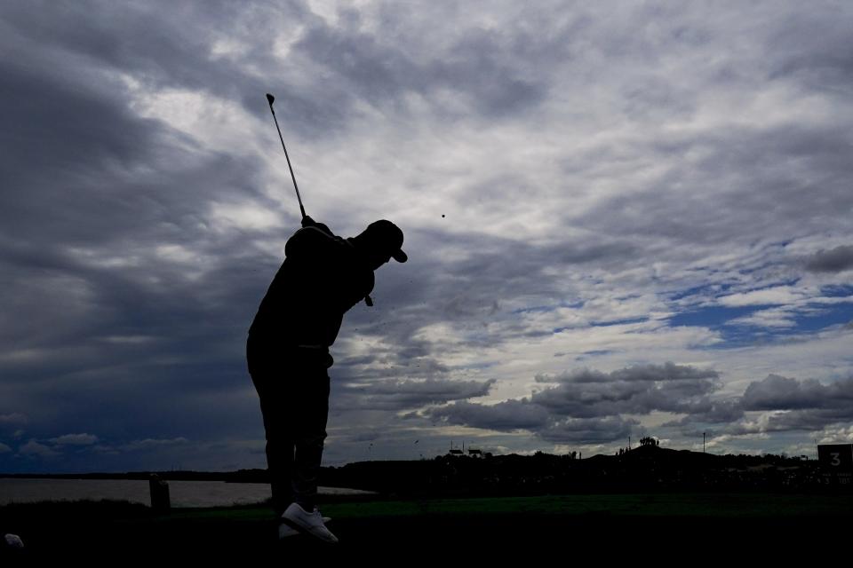 Team Europe's Jon Rahm hits from the third tee during a practice day at the Ryder Cup at the Whistling Straits Golf Course Thursday, Sept. 23, 2021, in Sheboygan, Wis. (AP Photo/Charlie Neibergall)