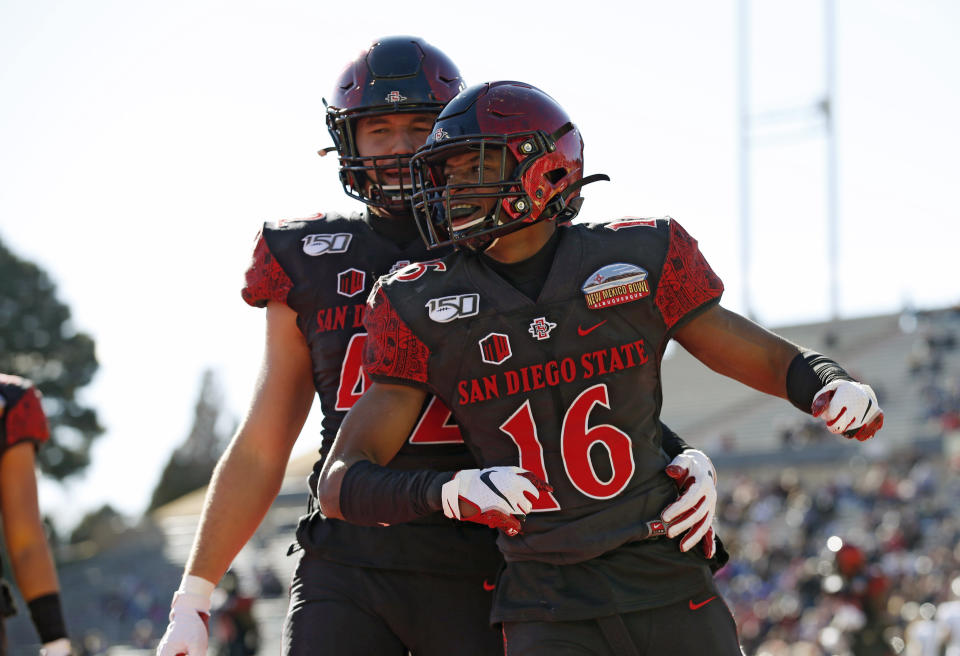 San Diego State cornerback Luq Barcoo (16) celebrates with linebacker Troy Cassidy (42) after an interception in the end zone during the first half of the New Mexico Bowl NCAA college football game against Central Michigan on Saturday, Dec. 21, 2019 in Albuquerque, N.M. (AP Photo/Andres Leighton)