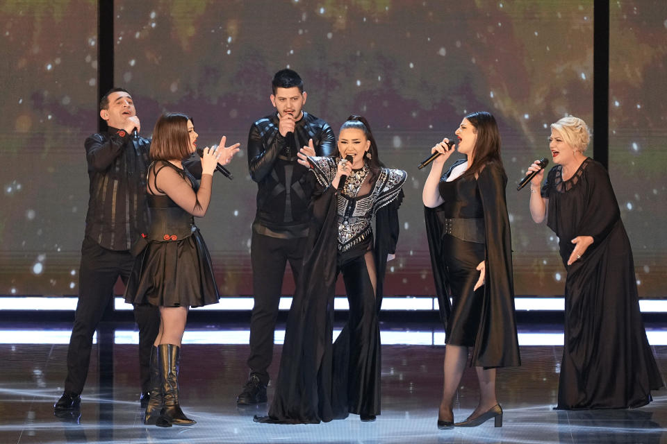 Albina & Familja Kelmendi of Albania performs during the second semi final at the Eurovision Song Contest in Liverpool, England, Thursday, May 11, 2023. (AP Photo/Martin Meissner)