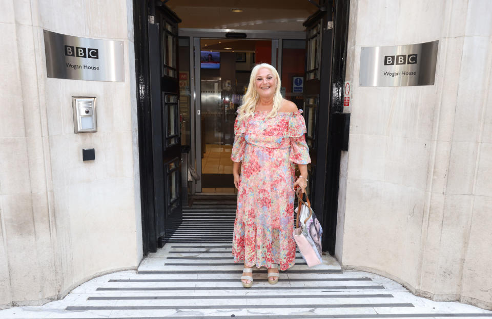 Vanessa Feltz outside Wogan House in London, as she arrives to cover Jeremy Vine's show on Radio 2. Picture date: Friday August 26, 2022.