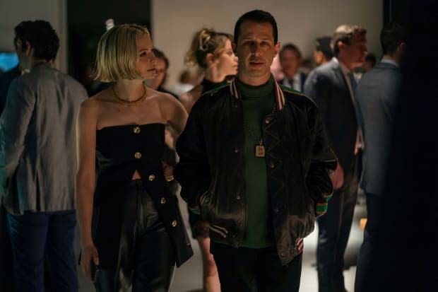PGM "It" girl Naomi Pierce in a Proenza Schouler leather-trimmed top with the birthday boy, Kendall Roy, in a Gucci bomber jacket and Rashid Johnson necklace.<p>Photo: Macall B. Polay/HBO</p>