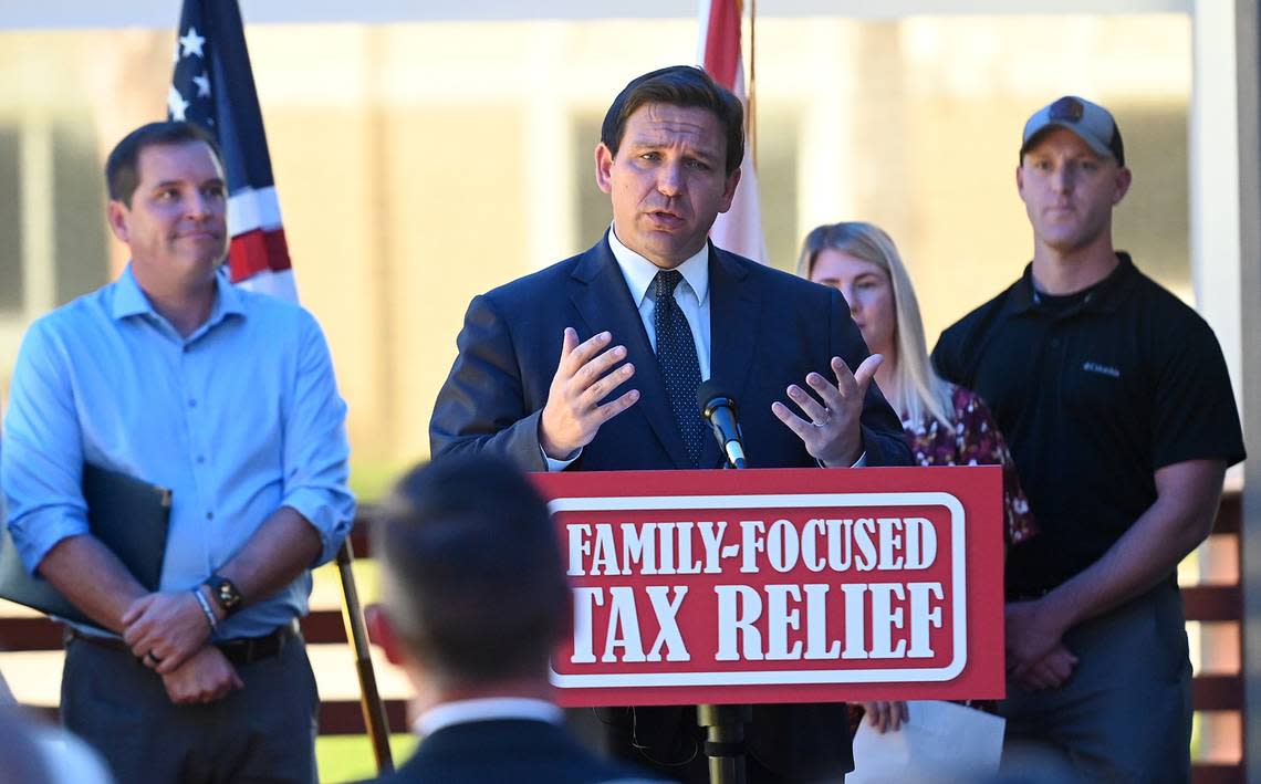 In addition to announcing a tax-relief proposal in an upcoming legislative session, Florida Governor Ron DeSantis took questions from reporters about flights of migrants from Florida to Martha’s Vinyard at a press conference in Bradenton. Tiffany Tompkins/ttompkins@bradenton.com