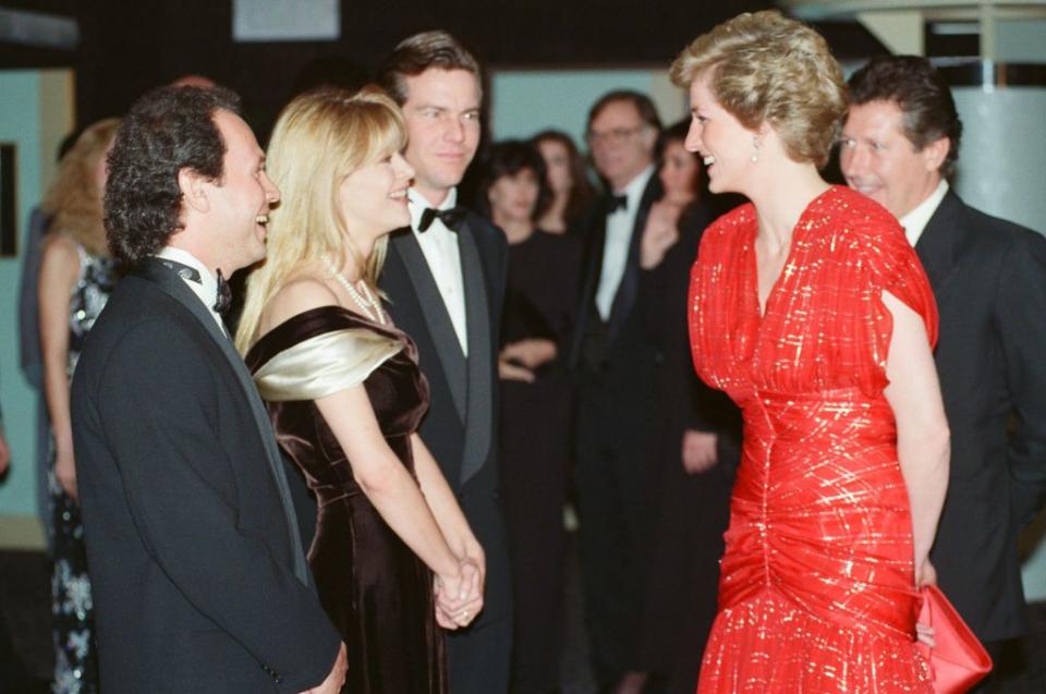 <p>The stars of <em>When Harry Met Sally</em> shared a laugh with the Princess at their London premiere. Ryan wore a chic off-the-shoulder brown and cream gown, while Crystal went with a classic tuxedo.</p>