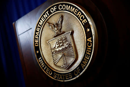 The seal of the Department of Commerce is seen, before Commerce Secretary Wilbur Ross holds a news conference to make an announcement, after a background conference call with Commerce, Justice Department and Treasury Department officials at the Department of Commerce in Washington, U.S., March 7, 2017. REUTERS/Eric Thayer