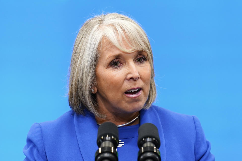 New Mexico Democratic Gov. Michelle Lujan Grisham speaks, at Arcosa Wind Towers Wednesday, Aug. 9, 2023, in Belen, N.M. Grisham traveled to Australia this week to attend a hydrogen summit and meet with related businesses that may have an interest in expanding to New Mexico. At least one hydrogen business is forging plans to expand to New Mexico. (AP Photo/Ross D. Franklin)