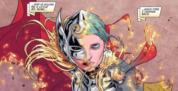 A pesar de estar cada vez más enferma, Jane Foster siempre elige transformarse en Mighty Thor para salvar a otras. Foto: Marvel Comics.