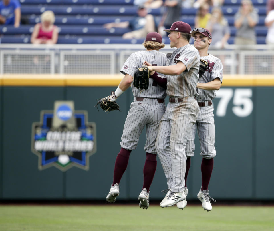Mississippi State players celebrated after their win over North Carolina in the College World Series on Tuesday. (AP)