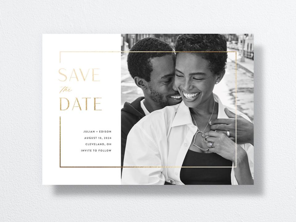 A wedding save the date with a couple on it.