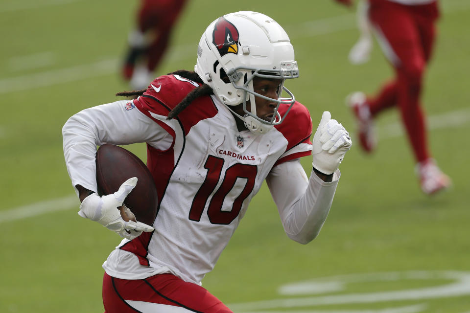 FILE - In this Sunday, Sept. 13, 2020, file photo, Arizona Cardinals wide receiver DeAndre Hopkins (10) runs the ball upfield during the second half of an NFL football game the San Francisco 49ers in Santa Clara, Calif. The Cardinals are a team on the rise, with star receiver DeAndre Hopkins is making the folks in Houston shake their heads in wonder about that trade. (AP Photo/Josie Lepe, File)