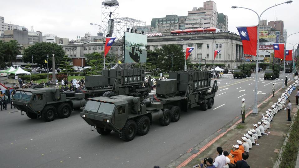 Taiwan's American-made Patriot surface-to-air missile batteries pass during a parade in Taipei, Taiwan, on Oct. 10, 2007. (Wally Santana/AP)