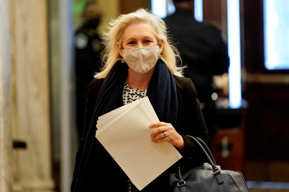 U.S. Senator Kirsten Gillibrand (D-NY) arrives prior to the start of opening arguments in the impeachment trial of former U.S. President Donald Trump, on charges of inciting the deadly attack on the U.S. Capitol, on Capitol Hill in Washington, U.S., February 10, 2021. REUTERS/Joshua Roberts/Pool