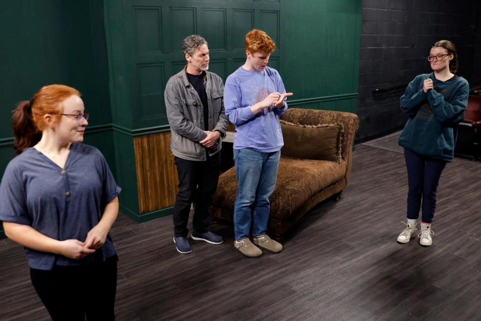 From left, Jacey Nichole, David Weber, Dillon Rasberry and Bell Reeves rehearse for Oklahoma Shakespeare in the Park's production of “Twelfth Night” in Oklahoma City, Monday, Feb. 12, 2024.