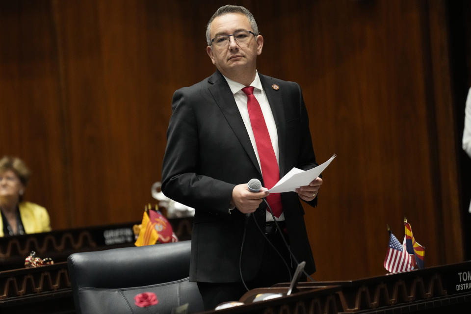 Arizona State House Speaker Ben Toma, R, speaks at the Capitol, Tuesday, June 4, 2024, in Phoenix. (AP Photo/Matt York)