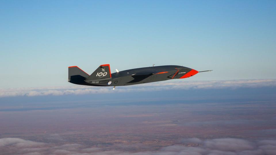 A loyal wingman prototype flies over Australia, representing a milestone for the program. (FLTLT Ricky Treloar/Australian Defence Department)