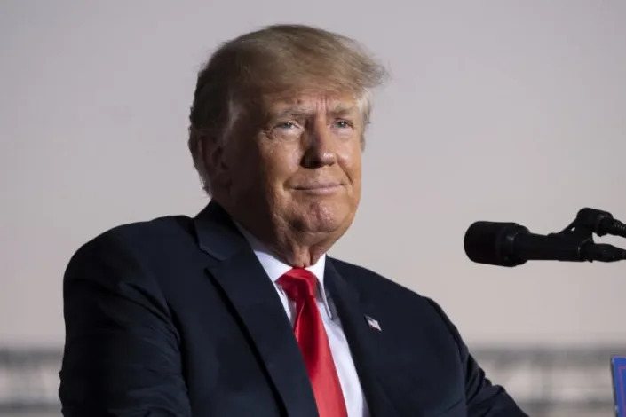 Former President Donald Trump speaks during his Save America rally in Perry, Ga., on Saturday, Sept. 25, 2021. (AP Photo/Ben Gray)