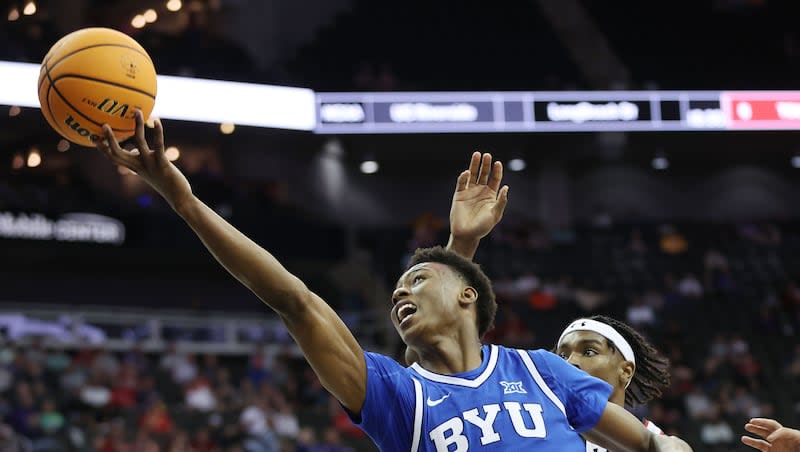 Brigham Young Cougars guard Jaxson Robinson (2) drives against Texas Tech during the Big 12 conference championship in Kansas City, Mo., on Thursday, March 14, 2024. Texas Tech won 81-67.