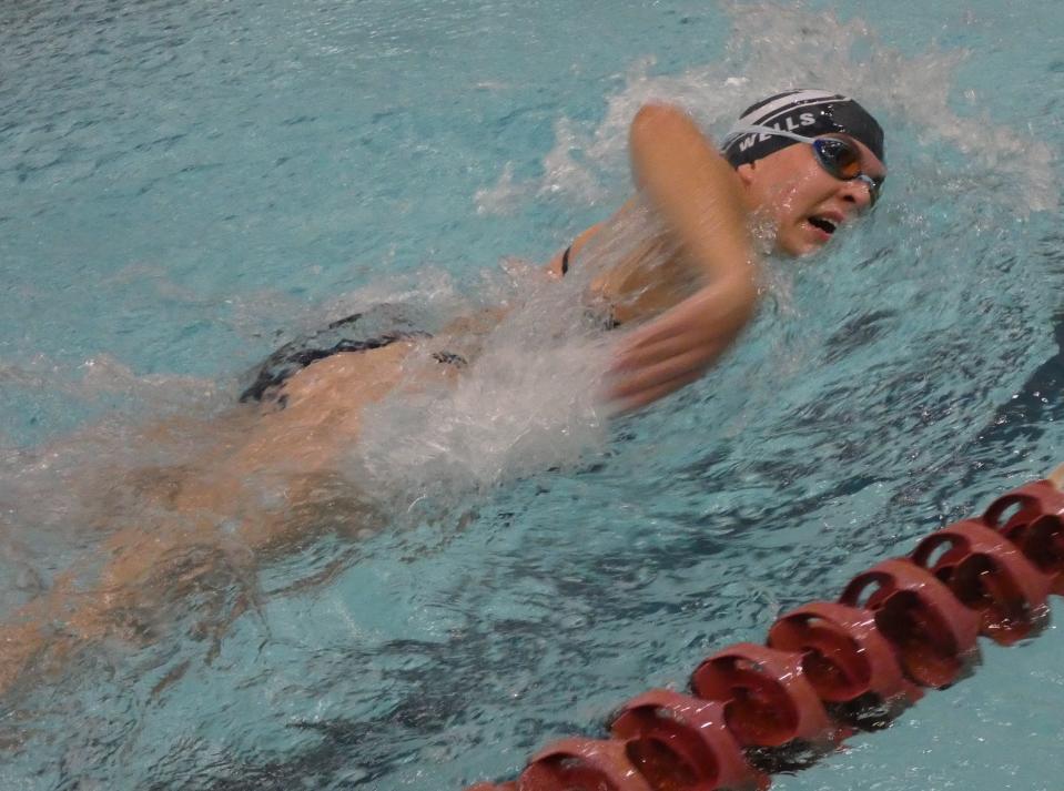 Granville senior Carmen Wells swims the 200 freestyle during a quad against Watkins Memorial, Northridge and Johnstown swam at New Albany on Saturday, Jan. 28, 2023.