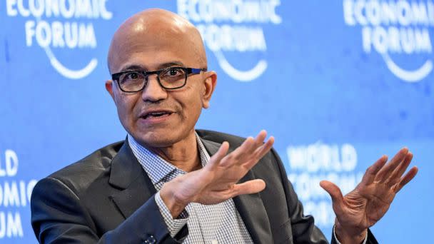 PHOTO: Microsoft CEO Satya Nadella gestures during a session at the World Economic Forum annual meeting in Davos, Switzerland, on May 24, 2022. (Fabrice Coffrini/AFP via Getty Images, FILE)