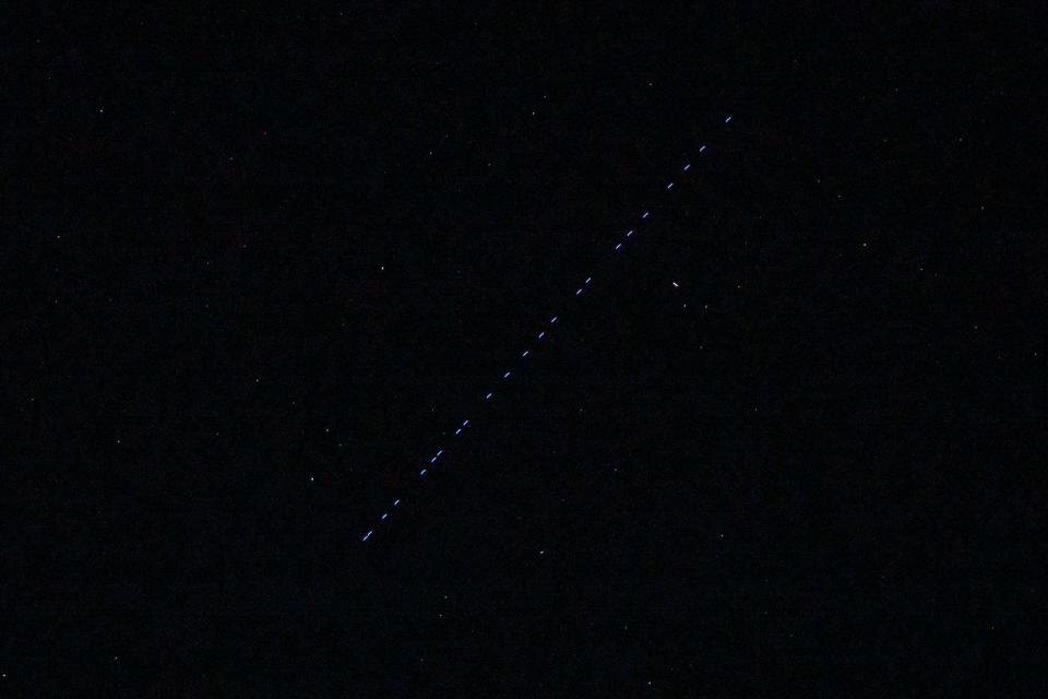 A Starlink "satellite train" is seen in the skies over Pennsylvania shortly after dusk, Saturday, Nov. 18, 2023, in Gettysburg.