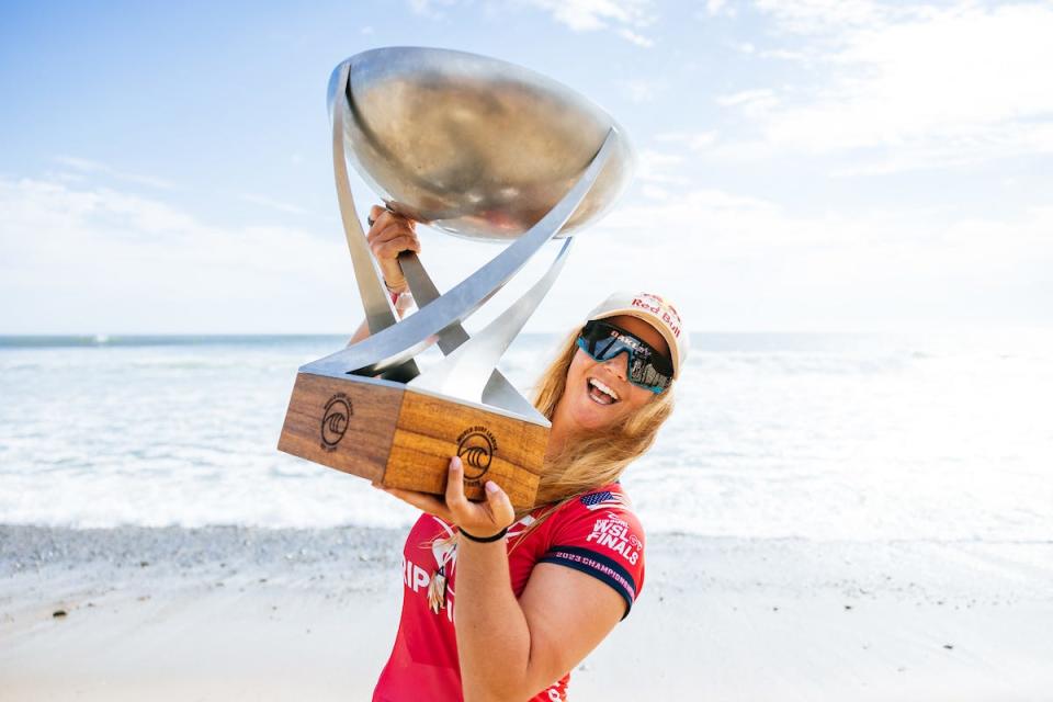 Caroline Marks of the United States after winning the 2023 World Title at the Rip Curl WSL Finals on Sept. 9, 2023 at Lower Trestles, California, United States.