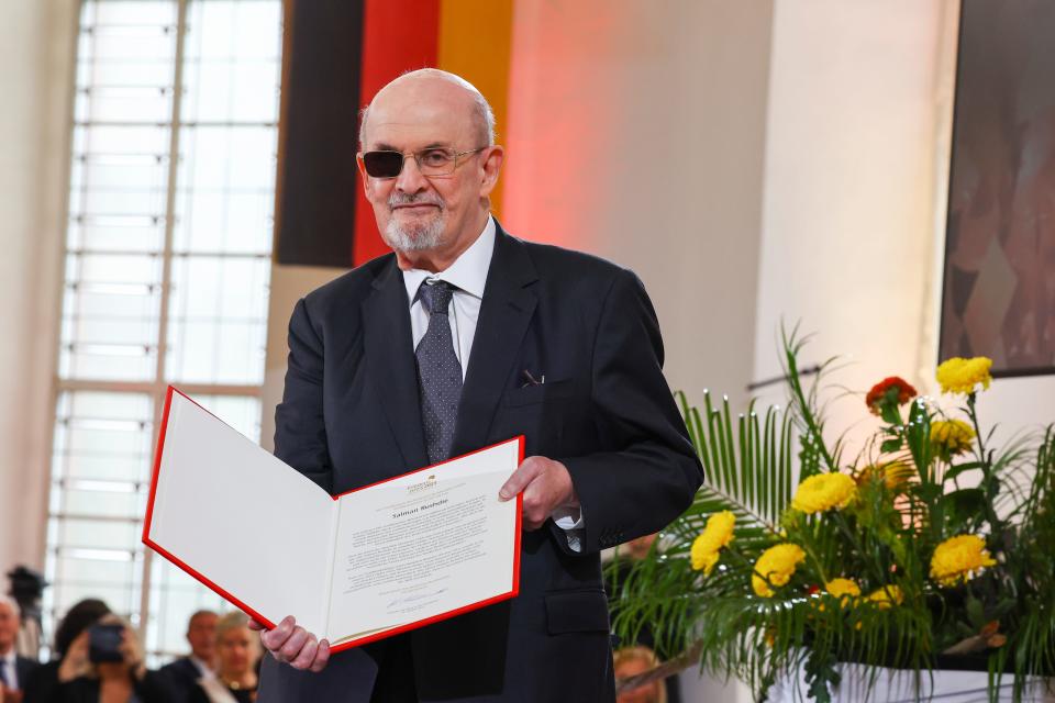 Author Salman Rushdie receives the Peace Prize of the German book trade during a ceremony at the Church of St. Paul in Frankfurt, Germany, on Oct. 22, 2023.