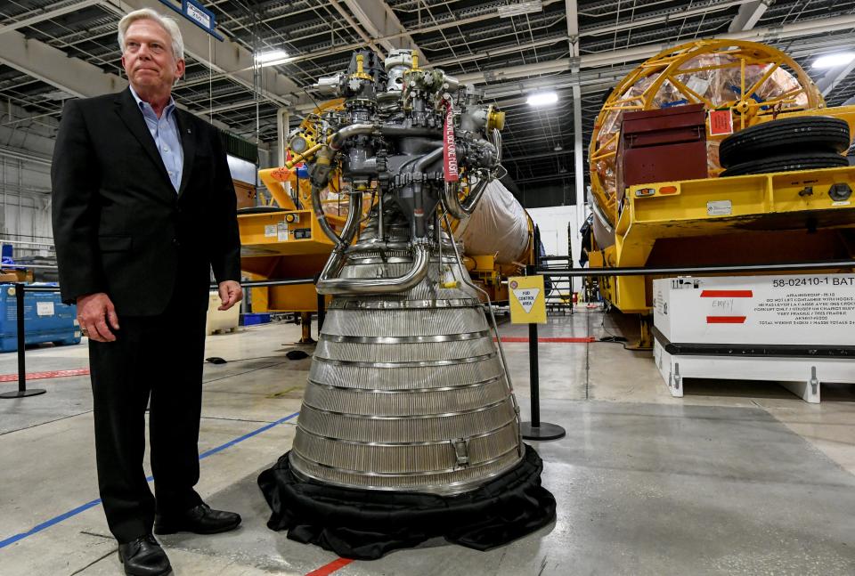 Jim Maus, Aerojet Rocketdyne vice president of program execution and integration, talks about the company's RL10 rocket engine behind him Monday during a celebration of the 60th anniversary of the engine and United Launch Alliance's Centaur second-stage rocket.