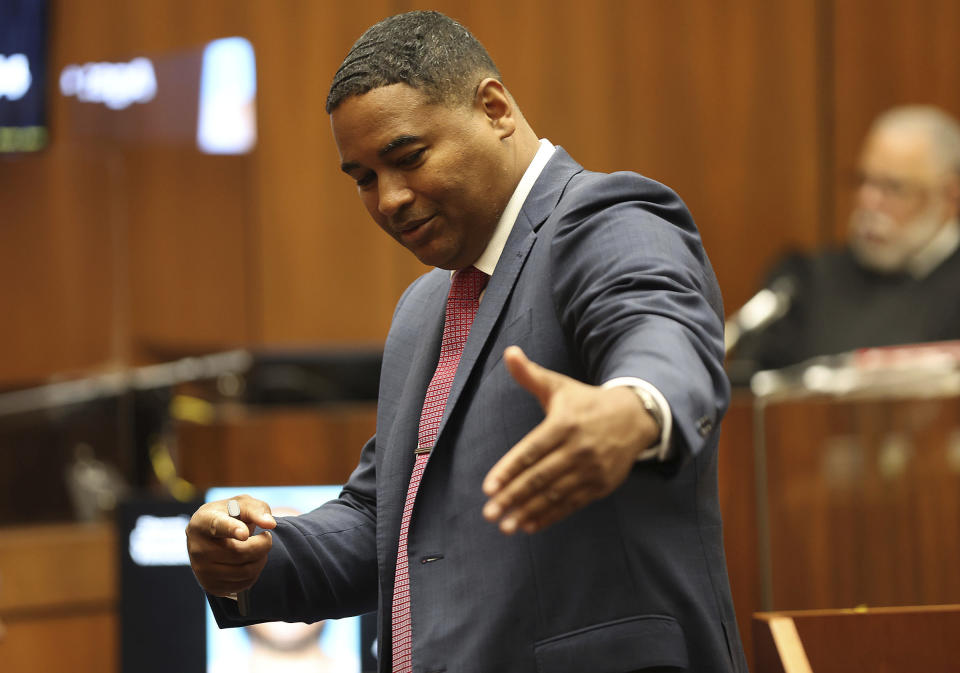 Deputy D.A. John McKinney speaks in opening statements during the Eric Holder, murder trial on Wednesday, June 15, 2022 in Los Angeles. The Los Angeles prosecutor says the killing of Nipsey Hussle was premeditated by Holder Jr., charged with fatally shooting the Grammy Award-winning rapper outside his clothing store three years ago. McKinney told jurors during opening statements. (Frederick M. Brown/Daily Mail.com via AP, Pool)